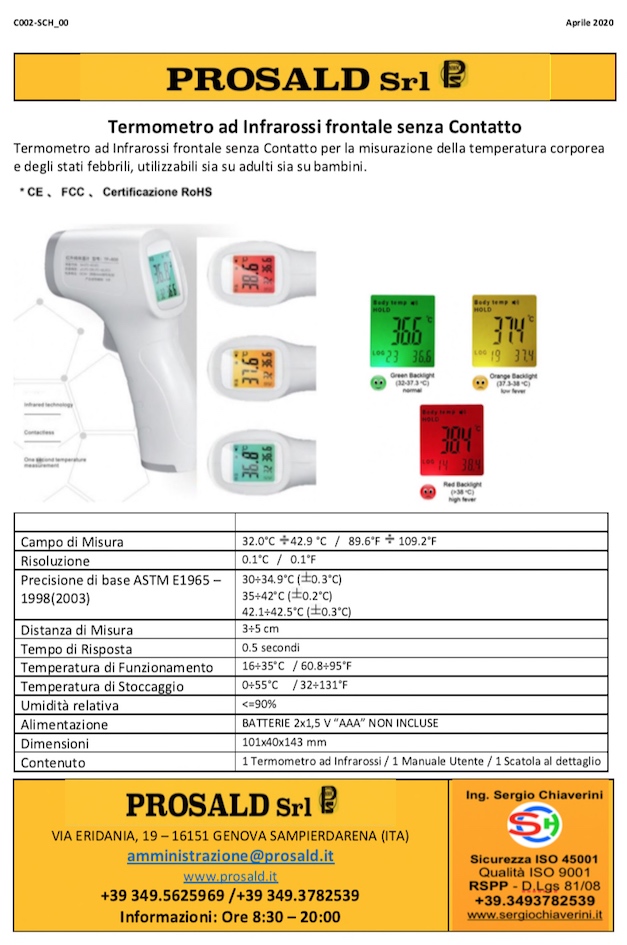 C002-Termometro ad Infrarossi frontale senza Contatto